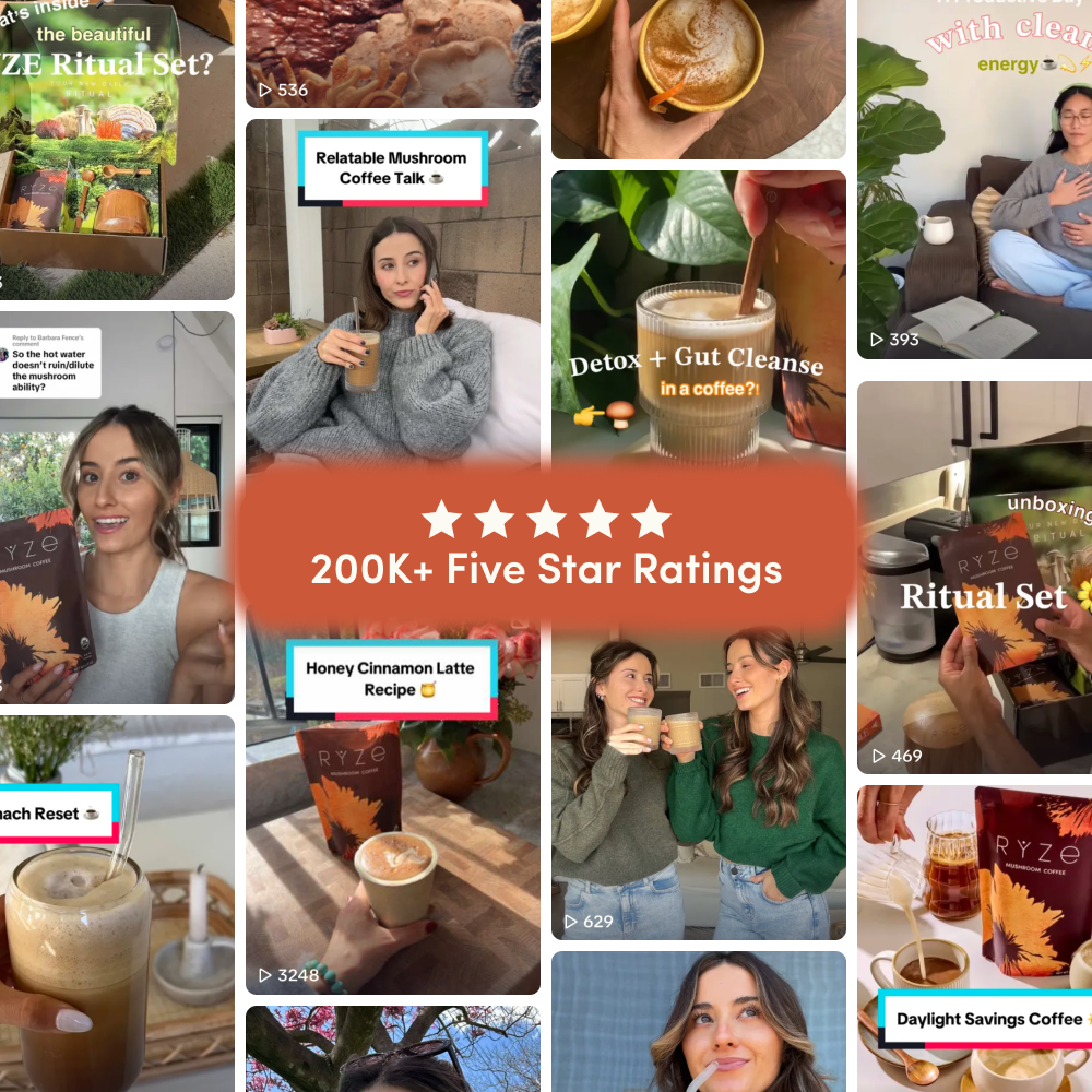 A grid of customer posts and videos about RYZE, with a 200K+ five star ratings badge