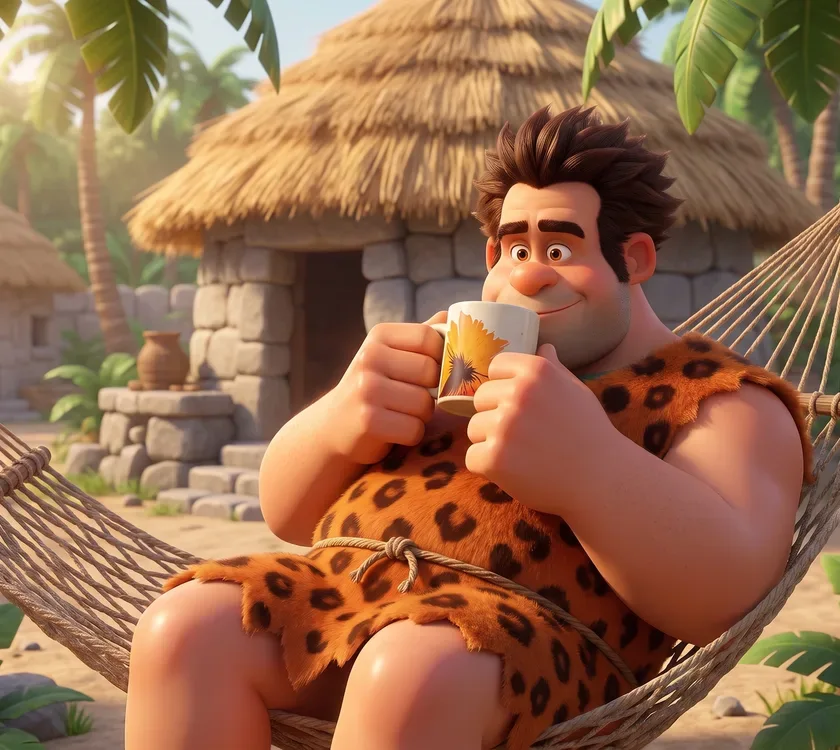 The animated caveman lying back at ease in a woven hammock between two palms, his RYZE mug resting on his chest.