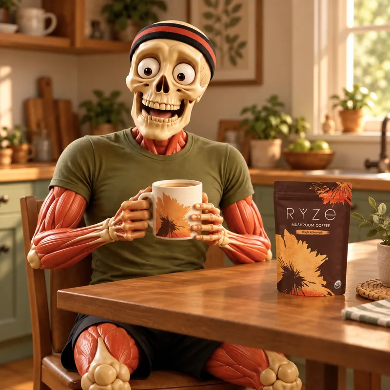Friendly sporty skeleton smiling in the kitchen with the floral RYZE mug and brown Bright & Smooth pouch.