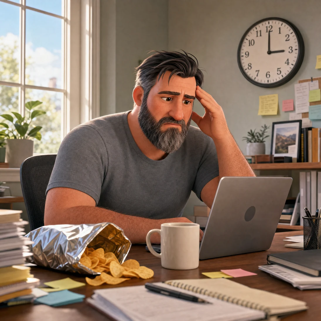 Clay-animation dad slumped at his desk in the 3pm crash