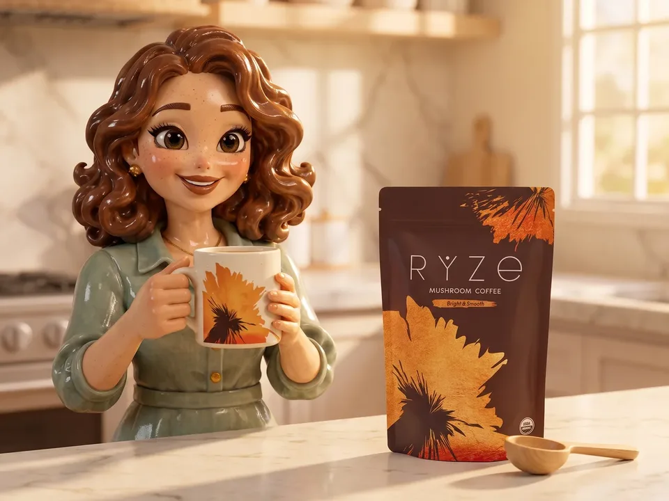The clay-figurine woman from the ad holding a steaming RYZE mug at her sunlit counter, the brown RYZE pouch and the wooden RYZE scoop in front of her.