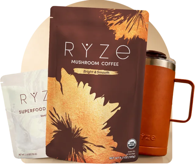 RYZE Mushroom Coffee pouch with the superfood creamer and a travel tumbler