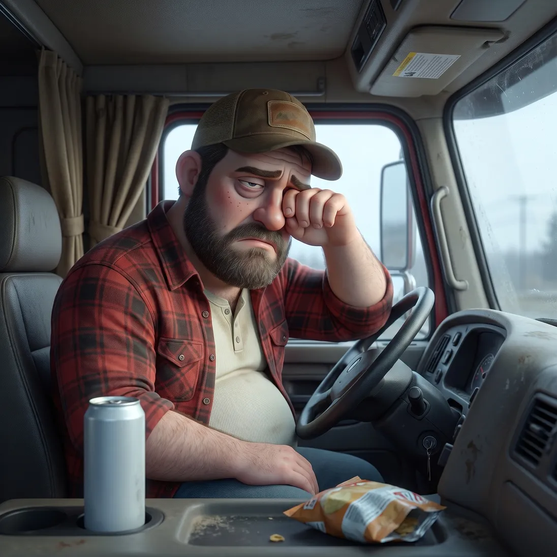 Animated trucker slumped at the wheel at three in the afternoon with an energy drink can and a snack bag on the dash