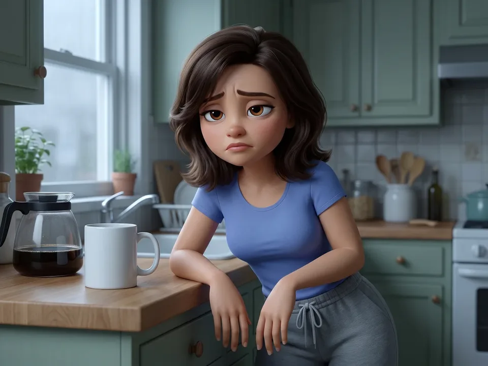 Animated woman at her bathroom mirror in the morning, one hand on a bloated belly, holding a plain mug of black coffee