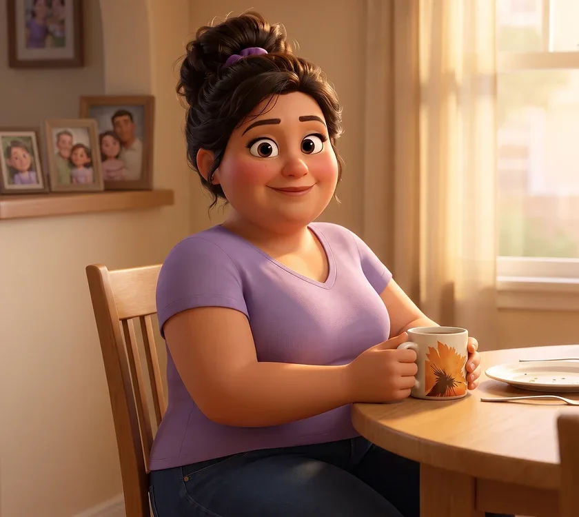 The animated mom leaning back in her dining chair after lunch, relaxed, both hands wrapped around her RYZE mug on the table edge, an emptied plate pushed aside.