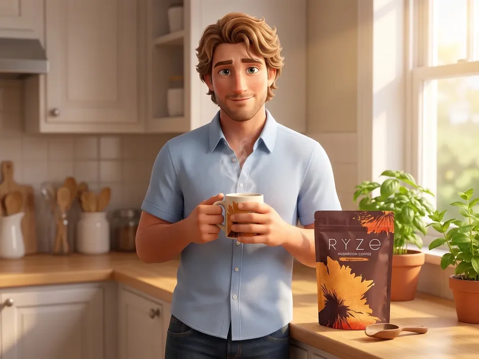 The animated dad at his sunlit kitchen counter with the floral RYZE mug in both hands, the brown RYZE pouch and the wooden scoop beside him.
