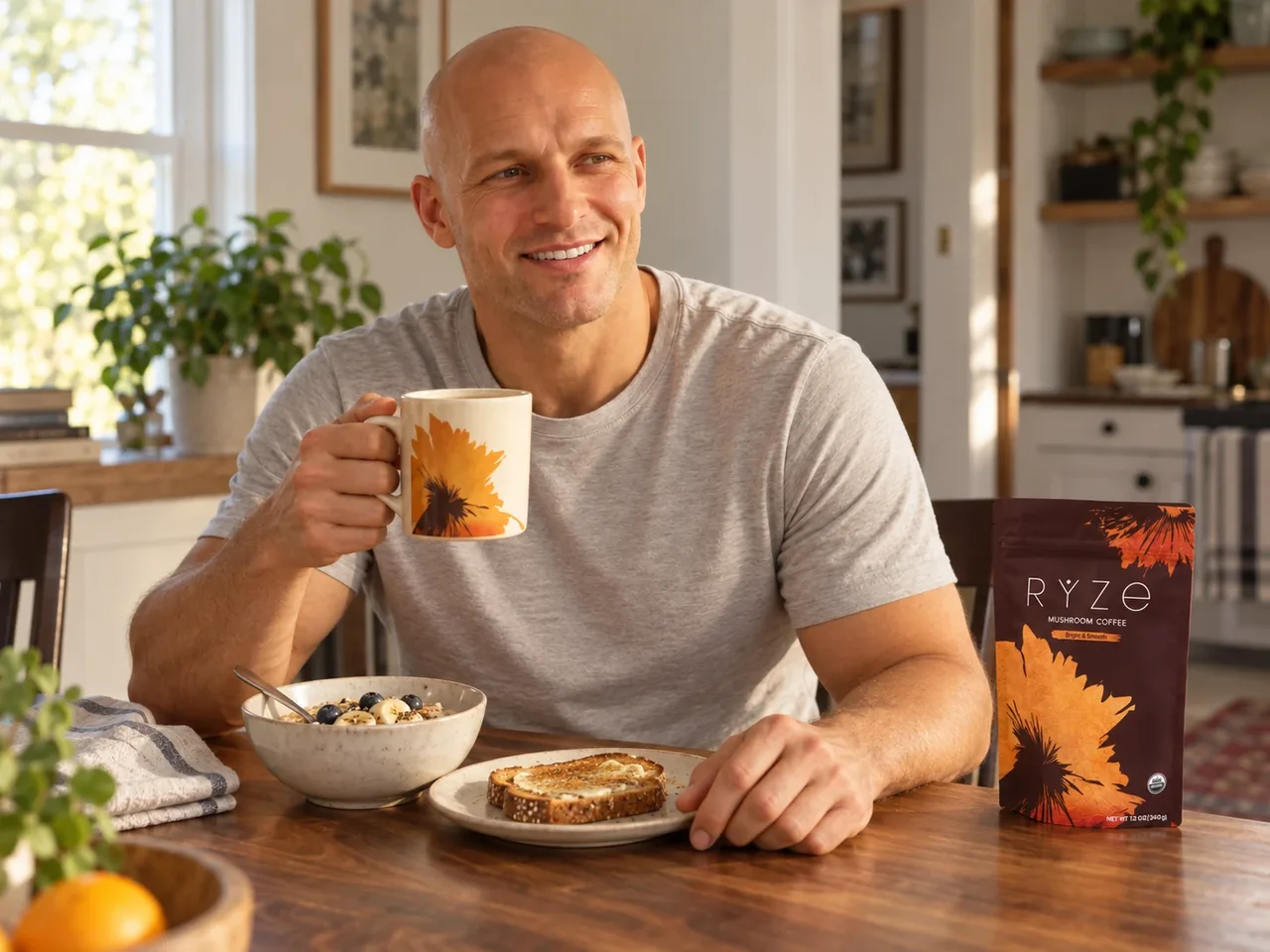 The natural bald man in a grey T-shirt in the matching campaign scene with consistent facial features