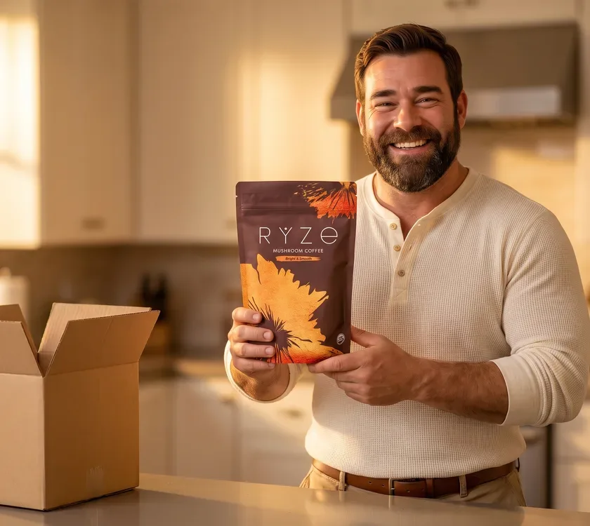 The animated bearded dad holding the brown RYZE pouch up at chest height in his kitchen, smiling, the empty shipping box pushed to the edge of the counter.
