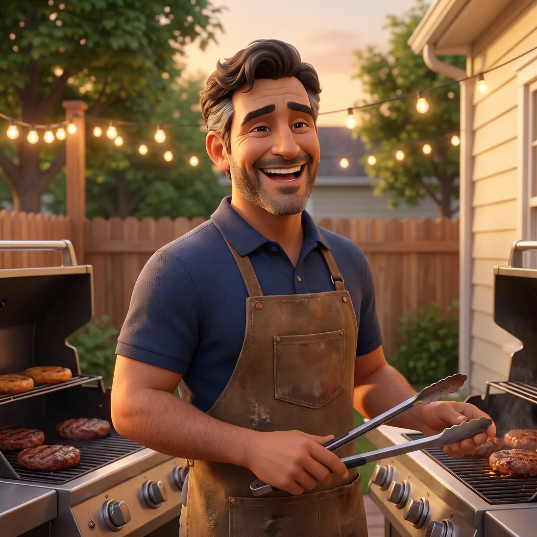 The same dad at his backyard grill at golden hour in a navy polo and brown apron, upright and laughing, tongs in hand