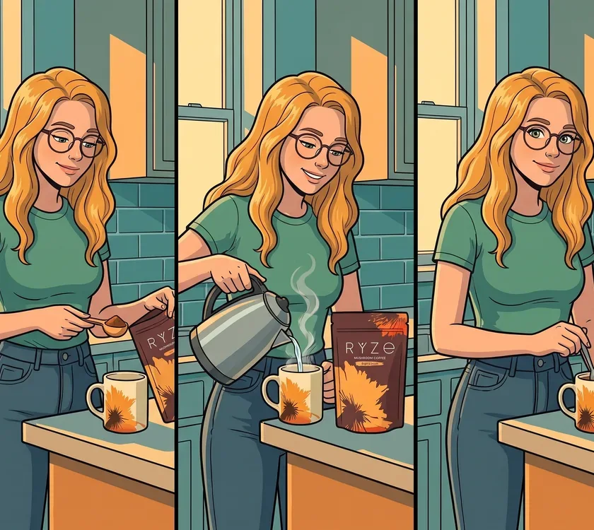 Three panels of the woman from the ad scooping RYZE with the wooden scoop, pouring hot water and stirring the mug.