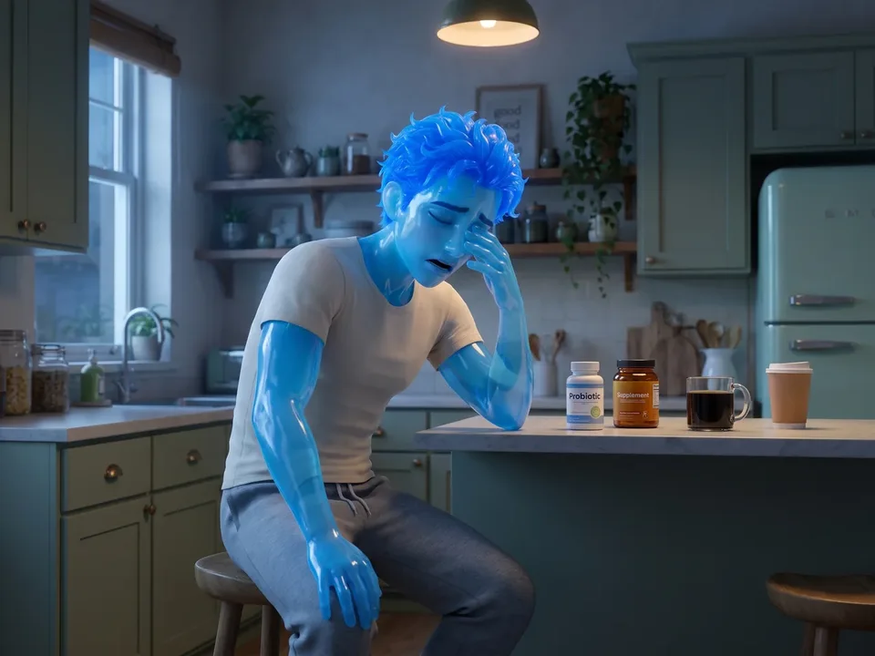 The animated blue glass man slumped on a kitchen stool late in the evening, rubbing his eyes beside a lineup of supplement bottles and a cold coffee