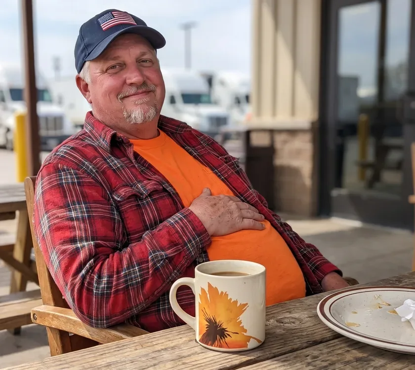 The source-ad truck driver comfortable after lunch at a truck-stop table, with the approved RYZE mug nearby.
