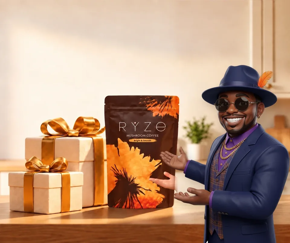 UP TO 40% OFF + FREE GIFTS. RYZE coffee and two wrapped gifts on a kitchen counter with the man in the fedora presenting them in the foreground.