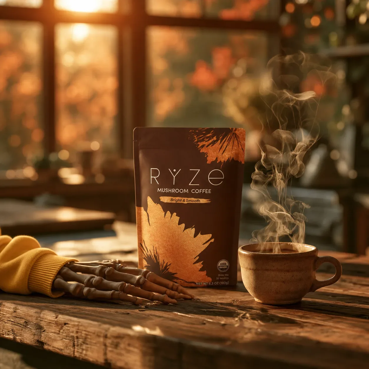 Skeleton hand in a yellow hoodie sleeve resting on a sunlit wooden table beside the RYZE Mushroom Coffee bag and a steaming mug of prepared RYZE