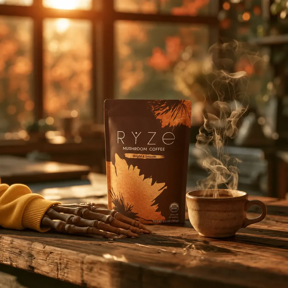 Skeleton hand resting beside a RYZE Mushroom Coffee bag and a steaming mug on a wooden table at sunrise