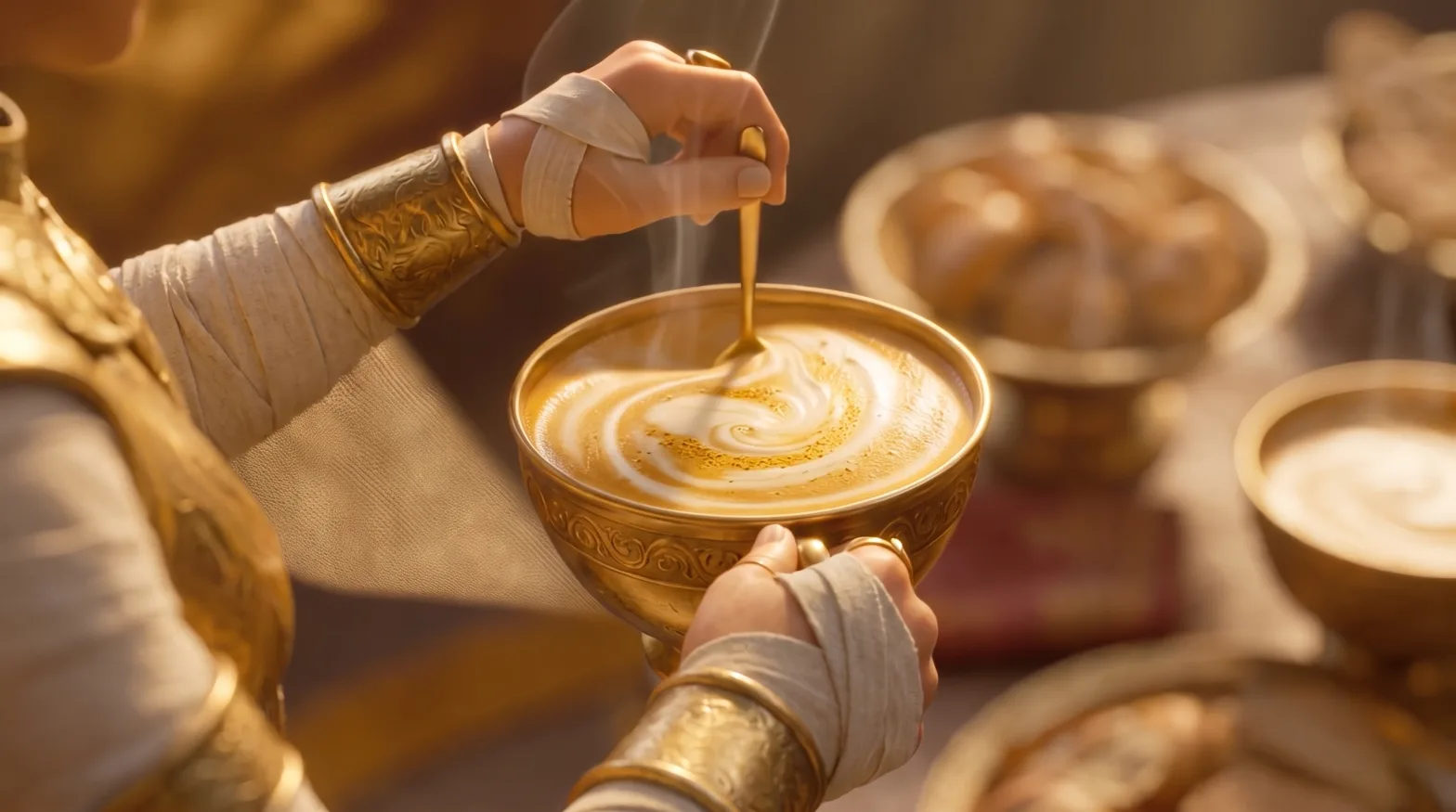 Freshly stirred cup of RYZE mushroom coffee with steam rising