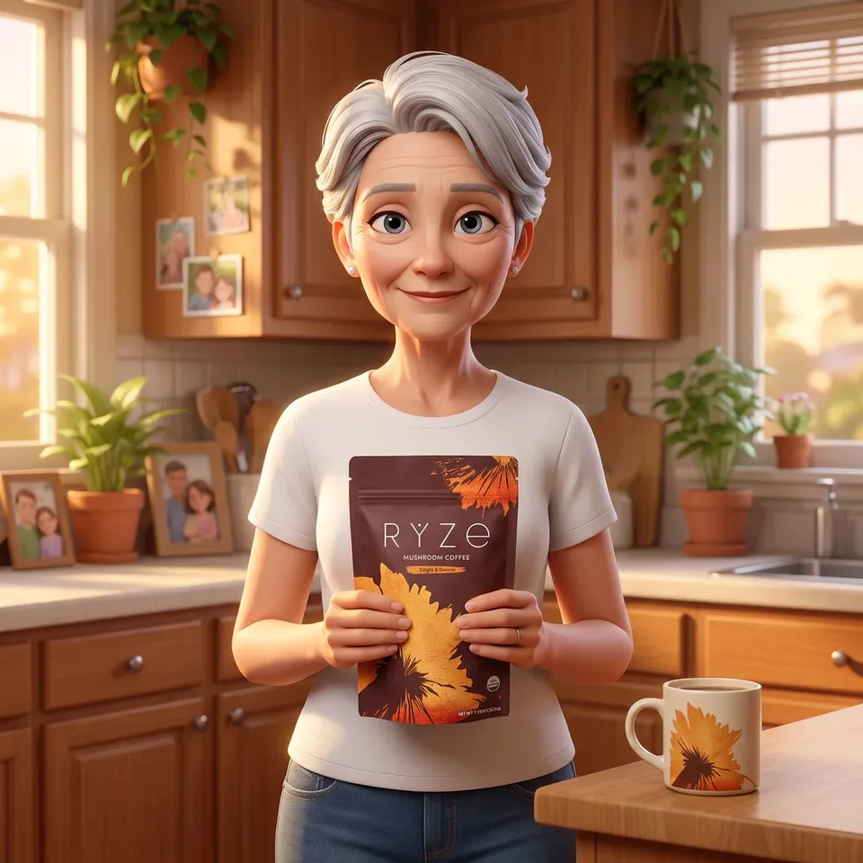 Animated 71-year-old mother holding the RYZE Mushroom Coffee pouch in her kitchen