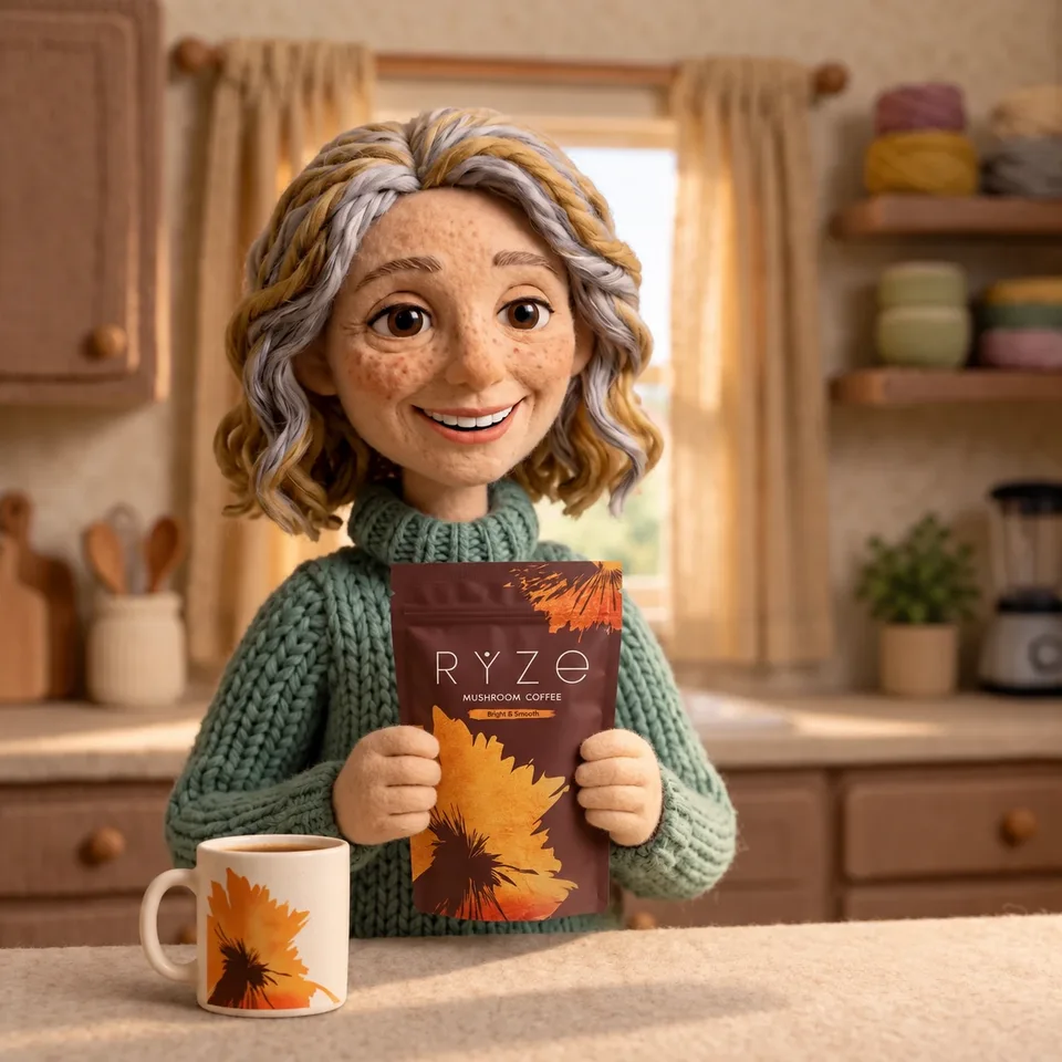 The friendly freckled felt mother in a sage knitted sweater in the matching campaign scene with consistent facial features