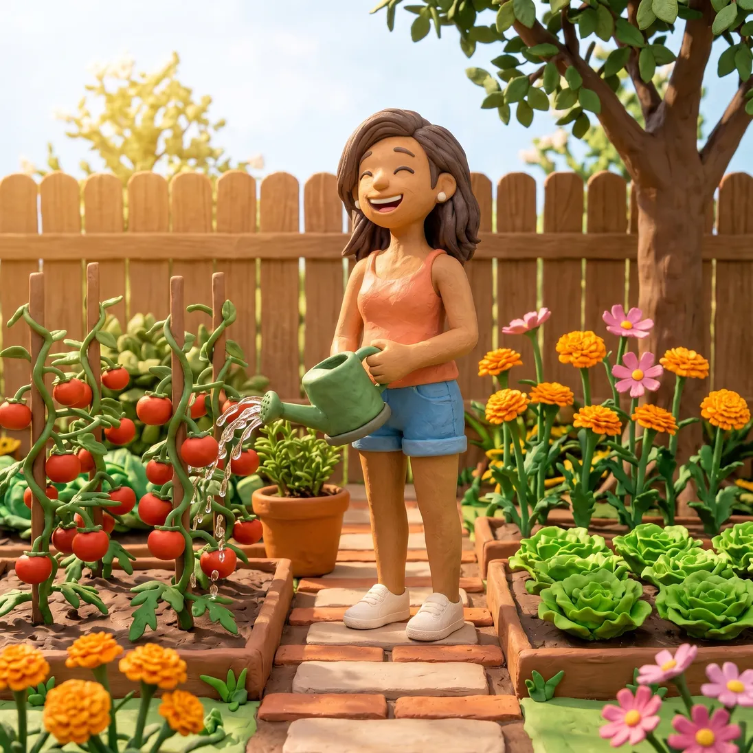 The claymation woman laughing in her sunny backyard vegetable garden as she waters the tomato plants.