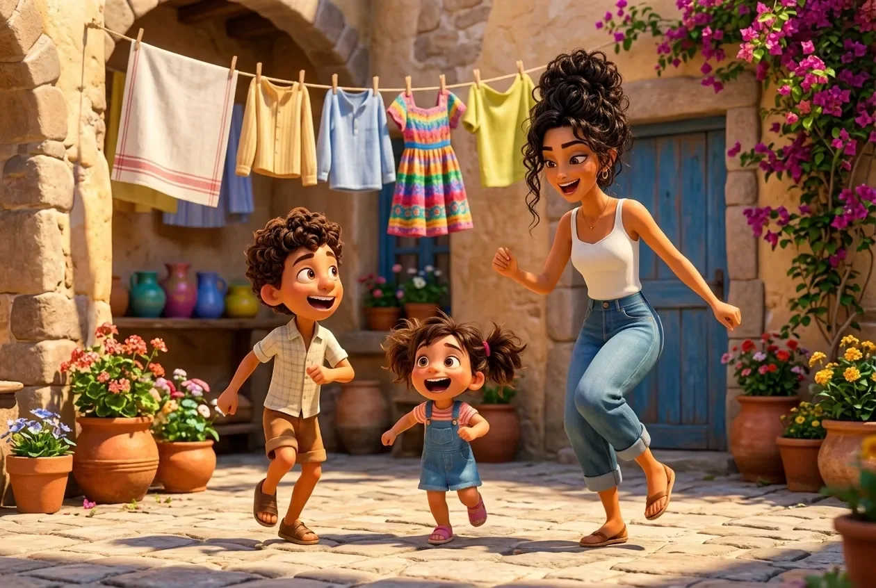 Animated mom laughing and dancing with her two kids in the sunny courtyard
