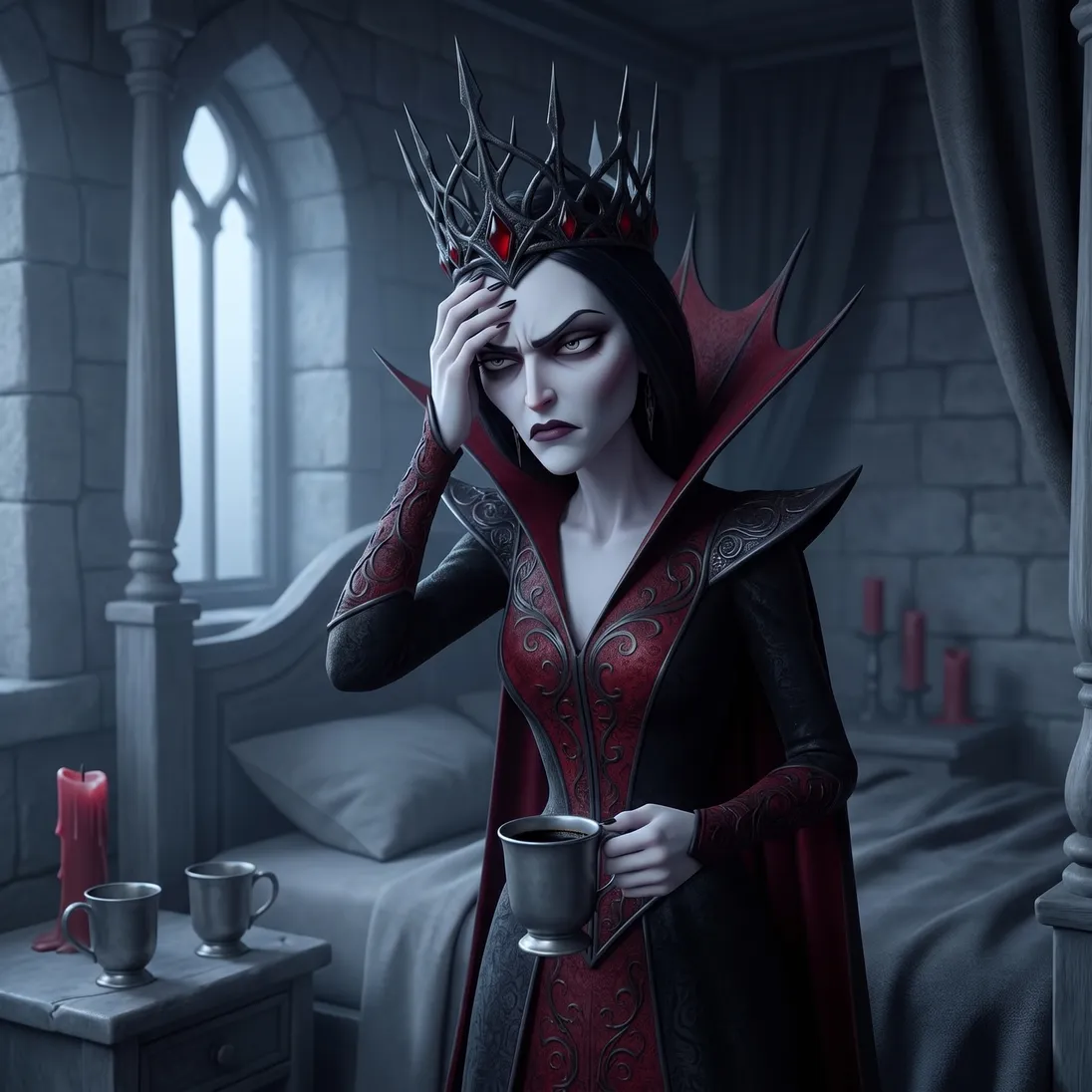The animated queen just risen in her grey stone bedchamber, groggy, a plain cup of black coffee in hand and two drained cups on the nightstand