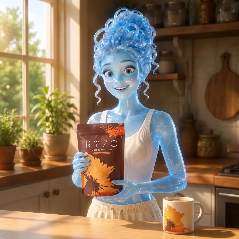 The blue glass woman from the ad holding the brown RYZE Mushroom Coffee pouch with both hands at chest height in warm morning light, a RYZE mug on the counter.