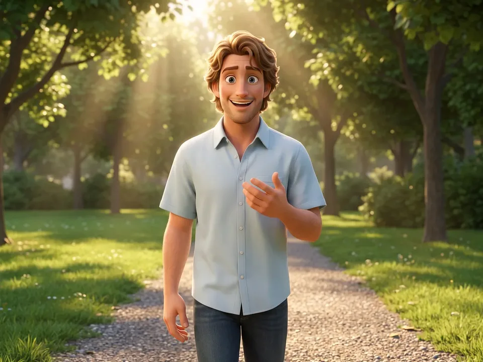 The same dad walking through a leafy park in bright daylight with an easy upright stride, no cup.