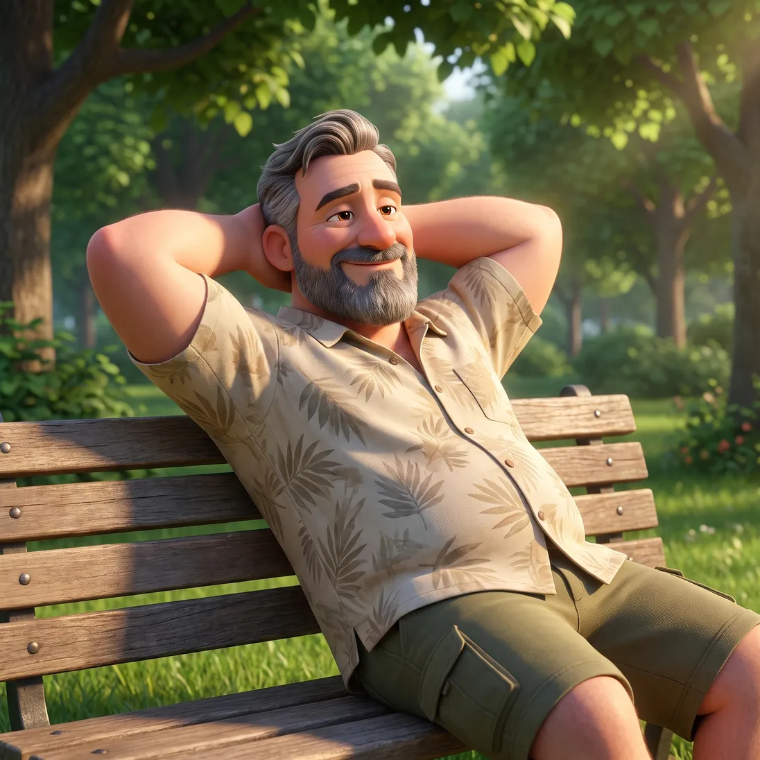 The same bearded man relaxed on a sunny park bench, hands behind his head
