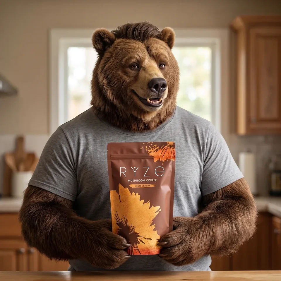 The bear character holding up the brown RYZE Mushroom Coffee pouch with a reassuring smile