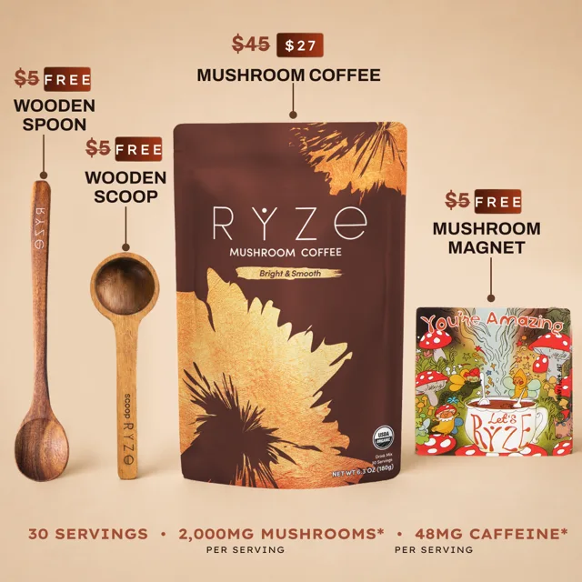 RYZE Mushroom Coffee with free gifts — wooden spoon, wooden scoop, and mushroom magnet — $27 today, 30 servings, 2,000mg mushrooms and 48mg caffeine per serving