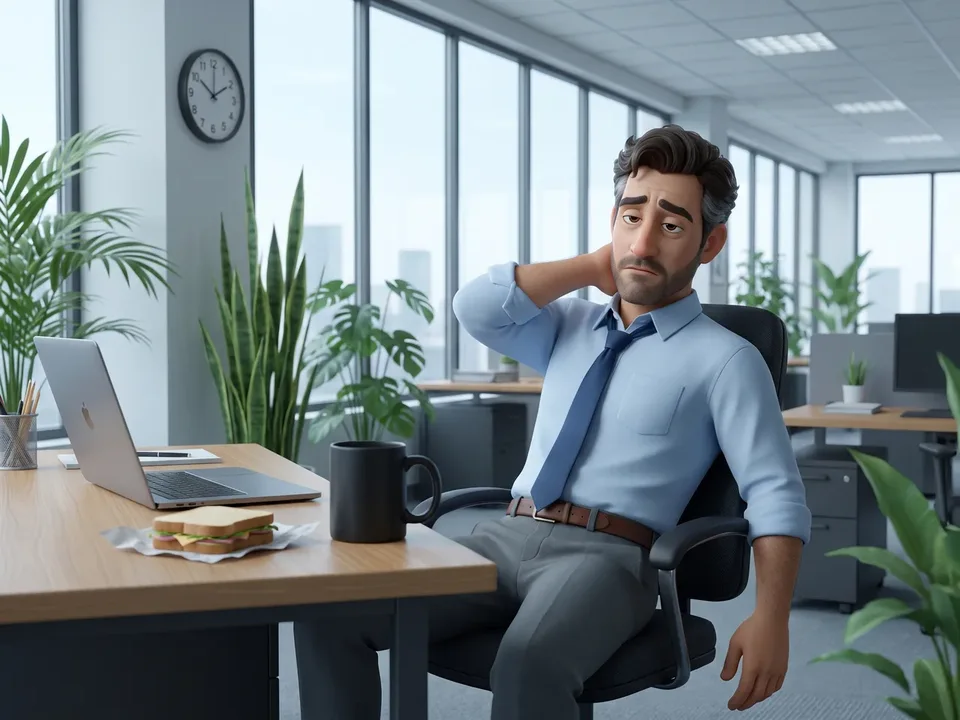 The animated dad slumped back from his office desk at three in the afternoon, tie loosened, a half-eaten sandwich and a plain black mug in front of him.
