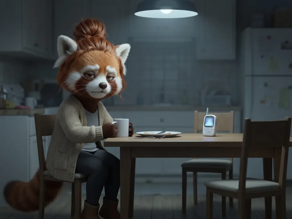 The red panda mom slumped at the kitchen table after dinner with a plain mug, a half-cleared plate and the baby monitor, the chair across from her empty.