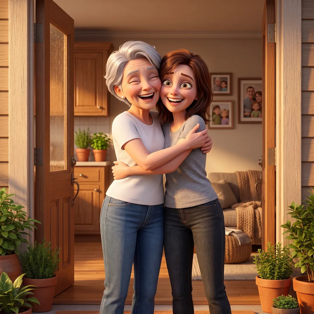 The same mother laughing at the open front door as she pulls her daughter in for a hug in golden afternoon light