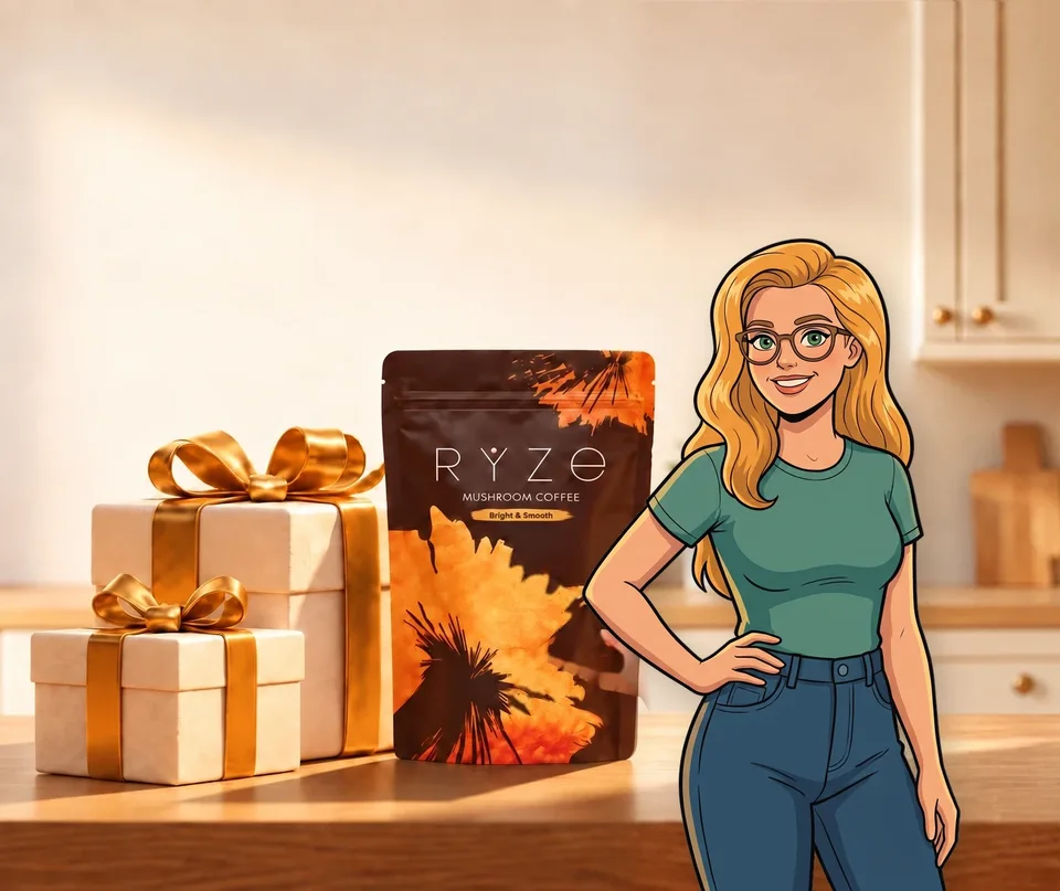 UP TO 40% OFF + FREE GIFTS. RYZE coffee and two wrapped gifts on a kitchen counter with the woman from the ad presenting them in the foreground.