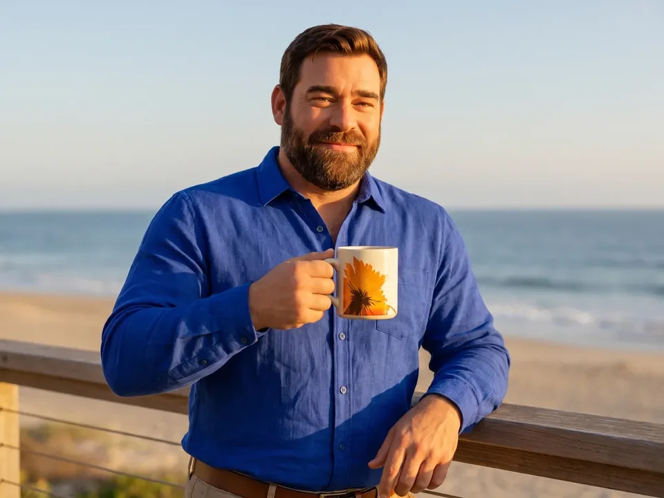 The same dad smiling on a sunny seaside patio in a royal-blue shirt with his RYZE mug raised.