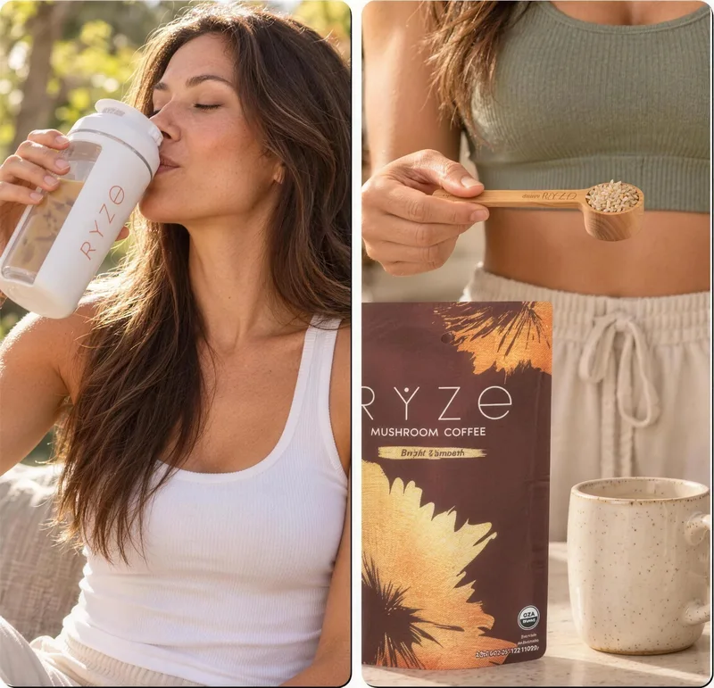 Woman drinking RYZE from a shaker bottle, and scooping RYZE Mushroom Coffee powder beside the pouch