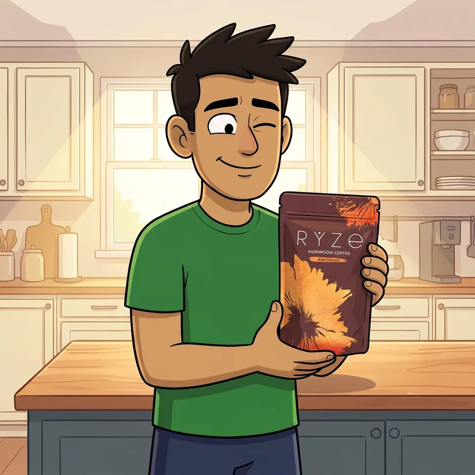 Cartoon man in a green tee holding the brown RYZE Mushroom Coffee pouch at chest height in his kitchen