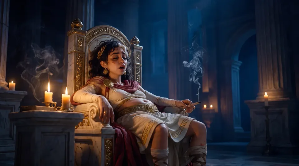Animated Roman woman slumped in a candlelit hall, drained at the end of the day