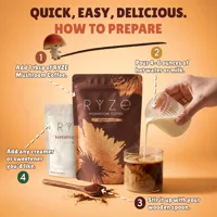 How to prepare: add 1 tbsp RYZE Mushroom Coffee, pour 4-6oz hot water or milk, stir with your wooden spoon, add creamer or sweetener