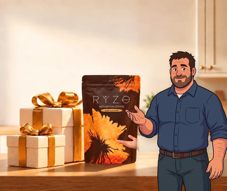 UP TO 40% OFF + FREE GIFTS. RYZE coffee and two wrapped gifts on a kitchen counter with the animated bearded foreman presenting them in the foreground.