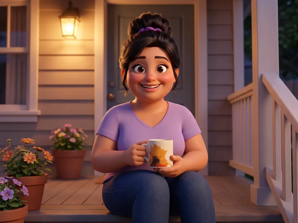 The same mom relaxed on her front porch steps at dusk with her RYZE mug in both hands, the porch lamp lit.