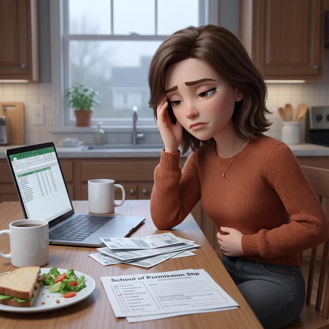 The mom at the kitchen table at 2pm, foggy over the bills with a second plain cup of coffee