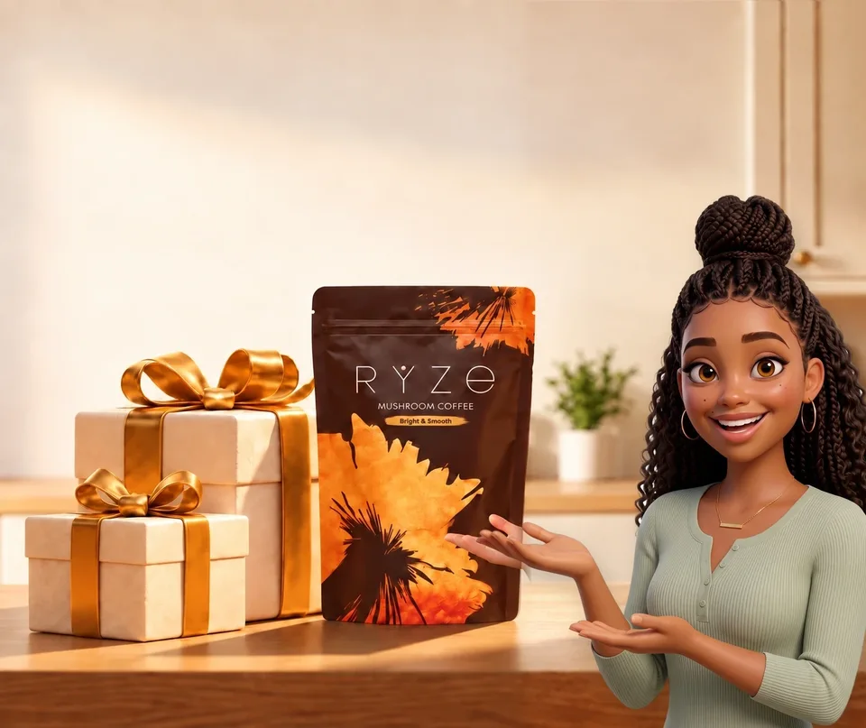 UP TO 40% OFF + FREE GIFTS. RYZE coffee and two wrapped gifts on a kitchen counter with the animated mom presenting them in the foreground.