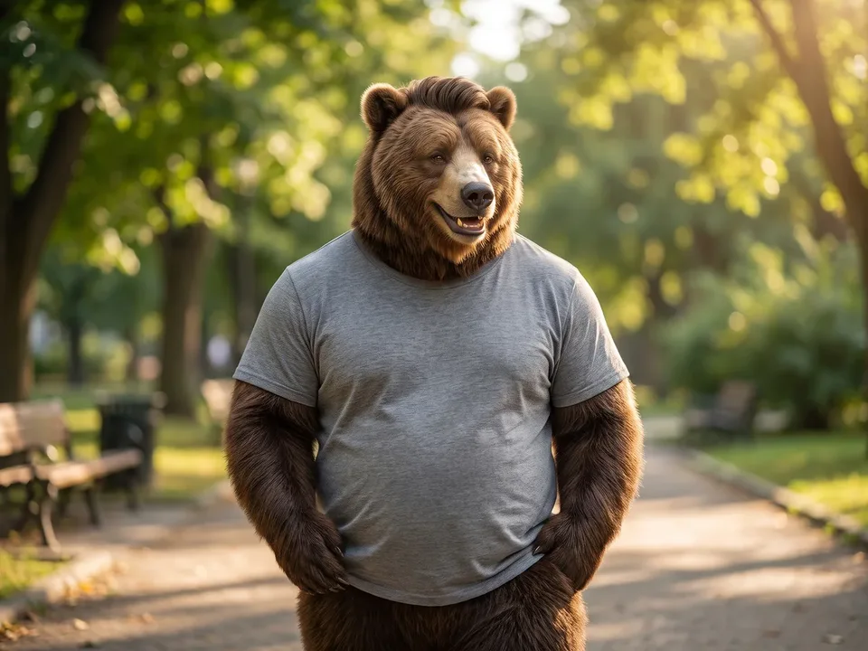 The same bear character relaxed and laughing on a gym bench in golden evening light
