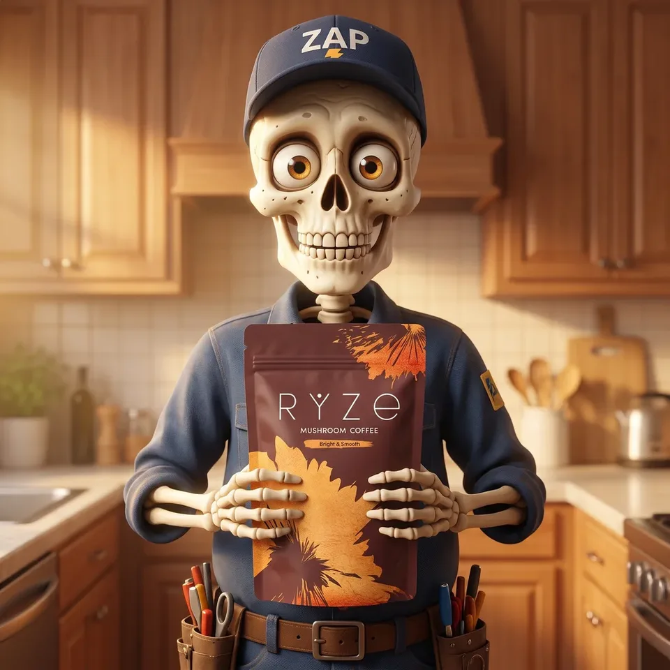RYZE Mushroom Coffee bag with a creamy cup and wooden RYZE spoon