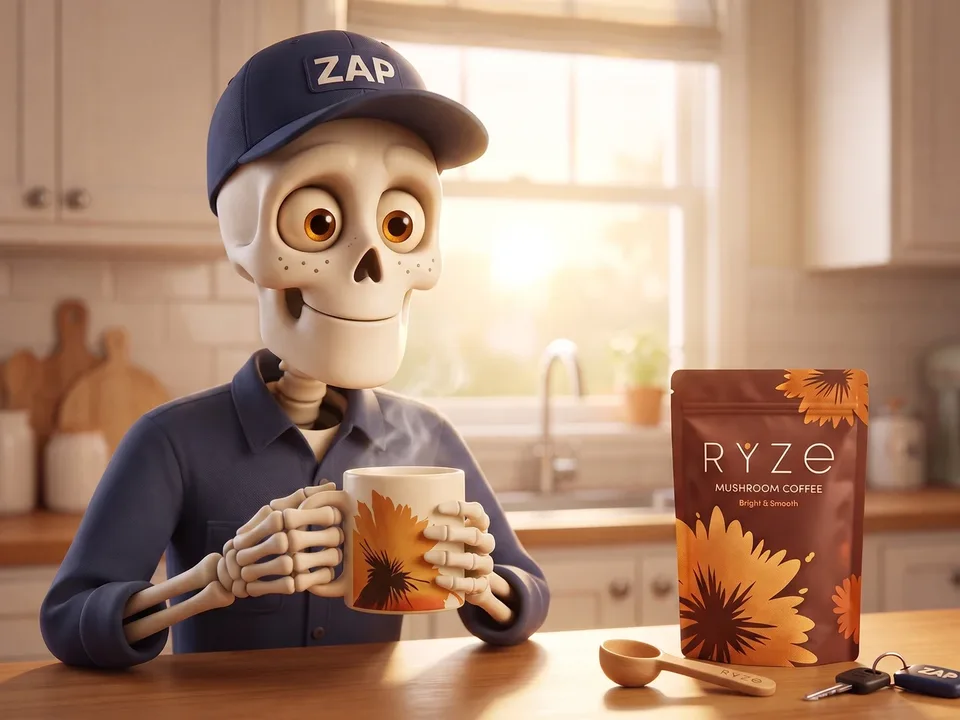 Happy animated skeleton electrician holding the floral RYZE mug at a sunlit kitchen counter with the brown RYZE pouch and wooden scoop.