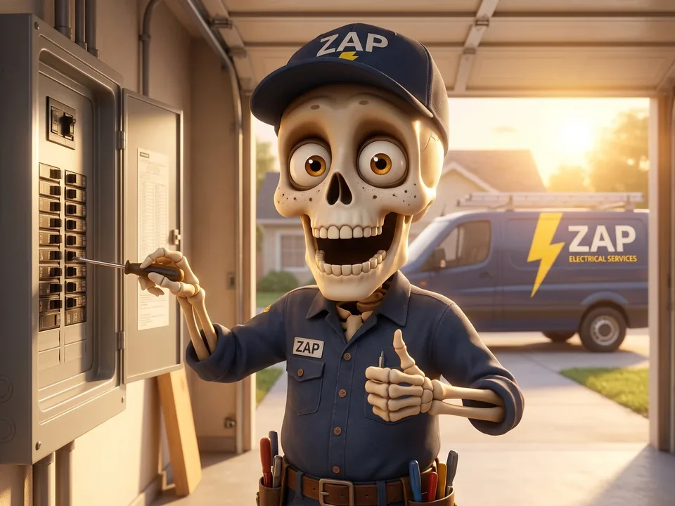 Happy animated skeleton electrician standing tall at a breaker panel in a sunlit garage, the ZAP van outside.