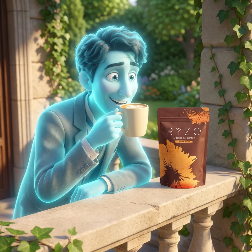 The same ghost bright and easy on the sunlit terrace, sipping a creamy RYZE latte with the bag beside him