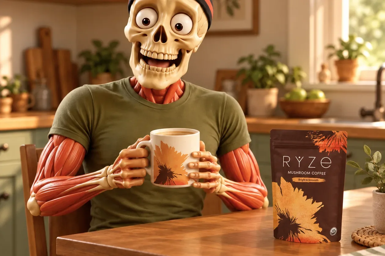 Friendly sporty skeleton smiling in the kitchen with the floral RYZE mug and brown Bright & Smooth pouch.