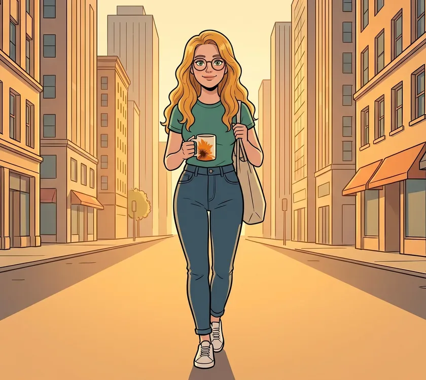 The woman from the ad striding down a sunny amber street with her RYZE mug, bright and energetic.
